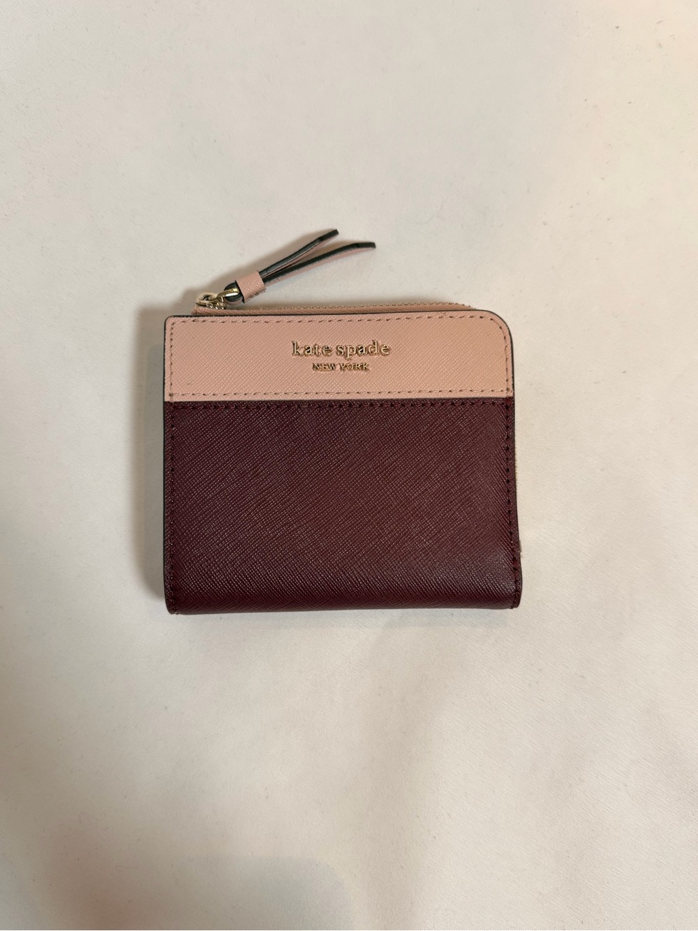Kate Spade two-tone snap and zip card wallet - blush pink & burgundy